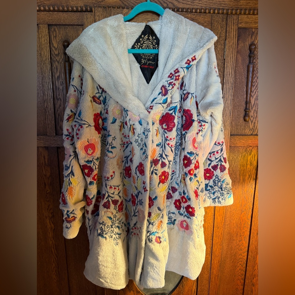 Johnny Was BIYA faux fur Floral Embroidered Hooded Coat